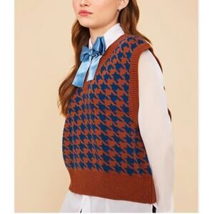 Neoity Sweater Vest Houndstooth One Size Brown Blue Eclectic Grandpa